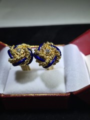 14 KT YELLOW GOLD BLUE ENAMEL SOLID ROPE DIAMOND CUFF LINKS