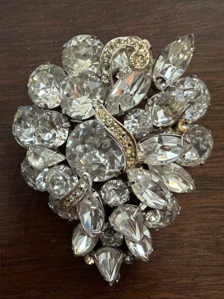 Vintage Weiss Rhinestone Brooch Statement Pin Crystal Silver Tone Gold Accent