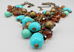 Beaded Y-Drop Choker Necklace Howlite Faux Turquoise Teardrop Briolettes Brass