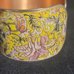 Vintage Wide Solid Copper Yellow Champleve Enamel Floral Cuff Bracelet