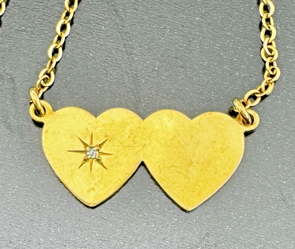 Vintage 12k GF Double Heart Necklace Diamond Accent Signed Romantic Gift