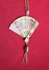 Vintage Folding Fan Necklace Pendant Chinese Dragon Birds Sun Gold Tone Metal