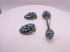 Vintage Blue Rhinestone Brooch Pin Earring Set Large 3.5″ Arora Borealis Retro