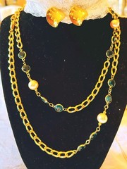 Blue Bezel & Pearl Chain Necklace and earrings • Gold Tone Layered Statement Jew