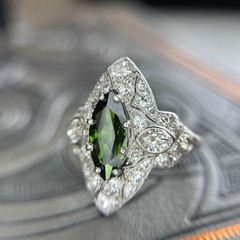 Art Deco Marquise Green Tourmaline Diamond Platinum Ring