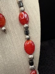 An Amberina Glass Bead 20” Necklace Matching Earrings Silver Tone Metal Spacers
