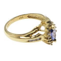 14k Solid Yellow Gold Natural Tanzanite and Diamond HALO Ring Size 6.75