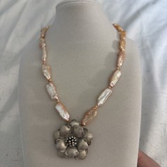 Vintage Rare Peach Pearl Necklace with Floral Pendant Boho 18″ Sterling Silver