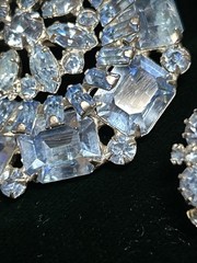 Vintage WEISS Blue Rhinestone Brooch & Clip Earrings Married Set Signed 1950s