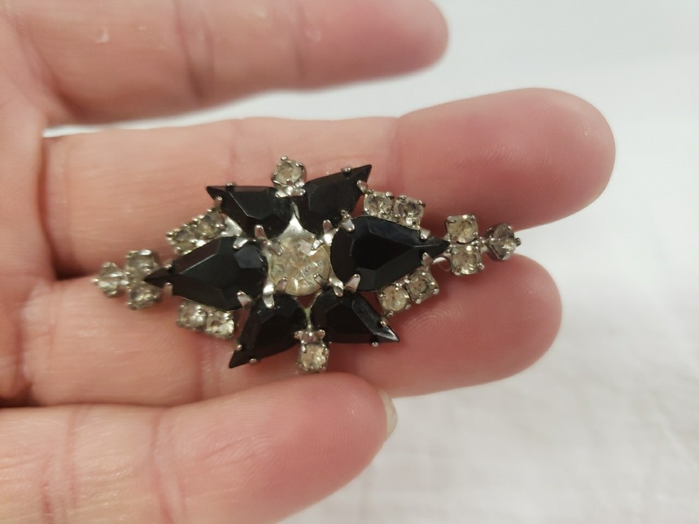 Vintage Brooch Black And Clear Stones, Silvertone
