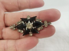 Vintage Brooch Black And Clear Stones, Silvertone
