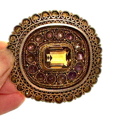 Vintage Israel 935 Silver Citrine Amethyst Cabochons Filigree Brooch Pin