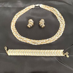 Vintage Tri Tone Ribbed Earrings Gold Silver Statement Textured Retro