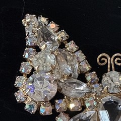 Signed Kramer Rhinestone Butterfly Brooch Clear & AB Gold Tone Vintage 1950s