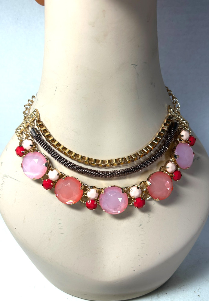 Vtg NY Rhinestone Pink Gold Tone Necklace Statement N3388