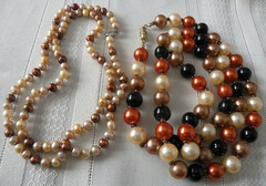 Vtg. Lot 2 Metallic Copper Bronze Cream Black Faux Pearl Bead Necklaces 24″, 31″