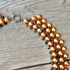 Triple Layer Golden Faux Pearl Beaded Statement Necklace Short