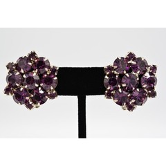 Vintage Purple Crystal Clip On Earrings Round Prong Silver Chunky 1960s BinAG