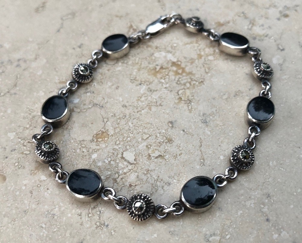 🫧✨Authentic VINTAGE 925 STERLING SILVER MARCASITE Black ONYX Station Bracelet🫧