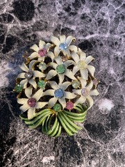 Vintage Rhinestone Gold Tone Enamel Flower Brooch Pin Clip Earrings Set YD-48