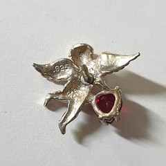 Vintage 925 Sterling Silver & Ruby 3/4″ Cherub/Guardian Angel Heart Lapel Pin