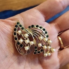 Vtg Abstract Brooch Faux Pearl Green Rhinestone Silver Toned Bouquet Art Beauty