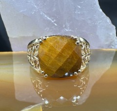 Tigers Eye 10k Yellow Gold Ring Large Vintage Filigree Cocktail Dome Size 8.5