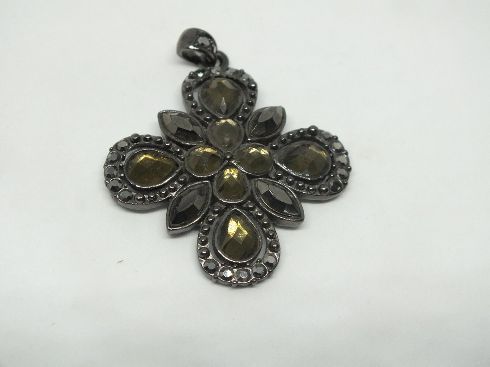 Beautiful Pendant Dark Silver Tone Dark Olive Green Rhinestones 1 3/4 x 1 1/2″