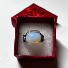 Vintage Style Silver Tone Opalite Glass Oval Cabochon Statement Ring Size 8