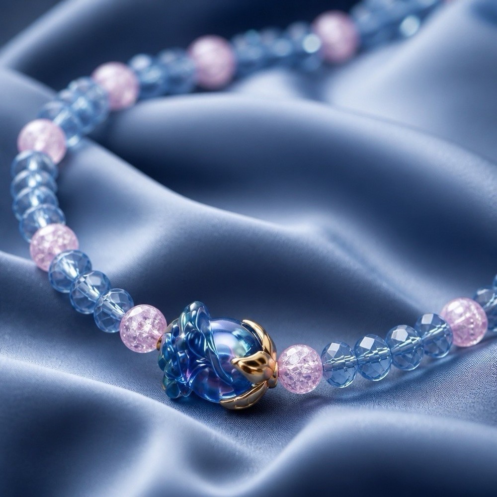 Crystal Glass Rose Necklace Faceted AB & Crackle Glass Beads Tagged By Maker