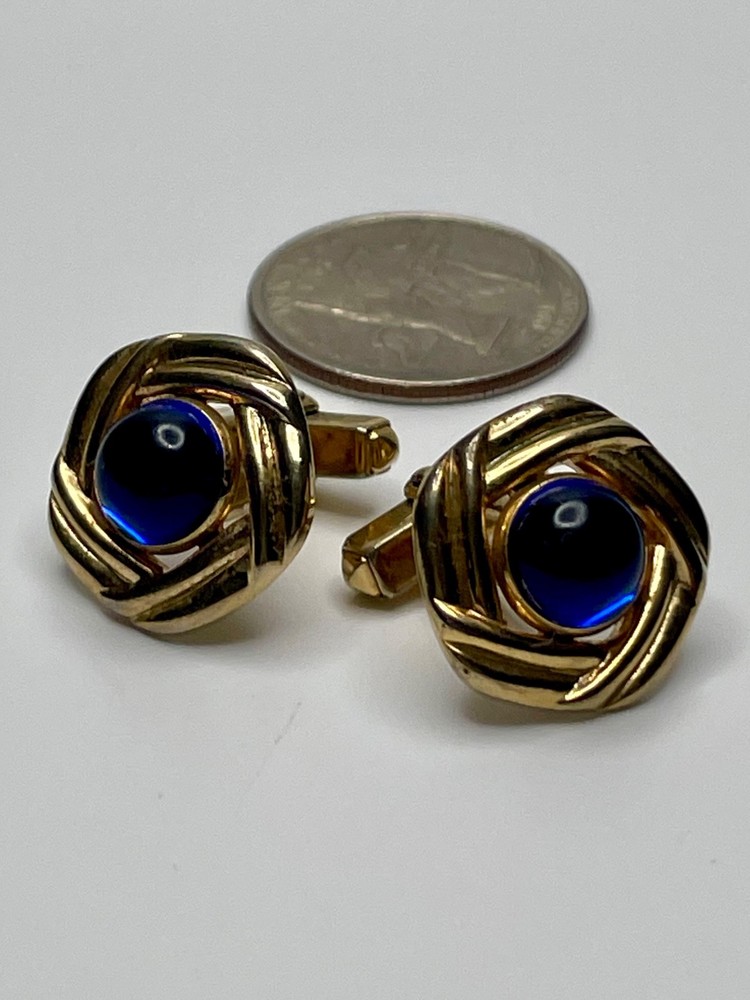 Vintage Anson Gold Tone Sapphire Blue Cabochons Cufflinks Mid Century Swirl
