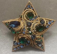LaRoco La Roco Domed Paisley Rhinestone Star Brooch Pin Greens & Blues