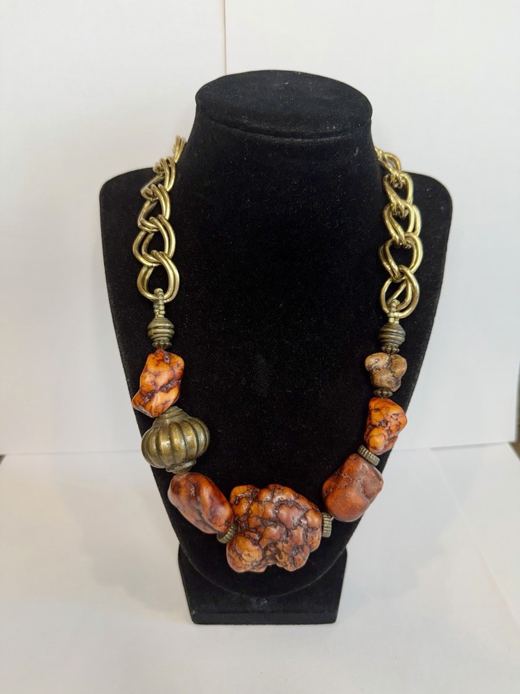 Vintage Brown Howlite Nugget And Gold-toned Necklace 1980’s