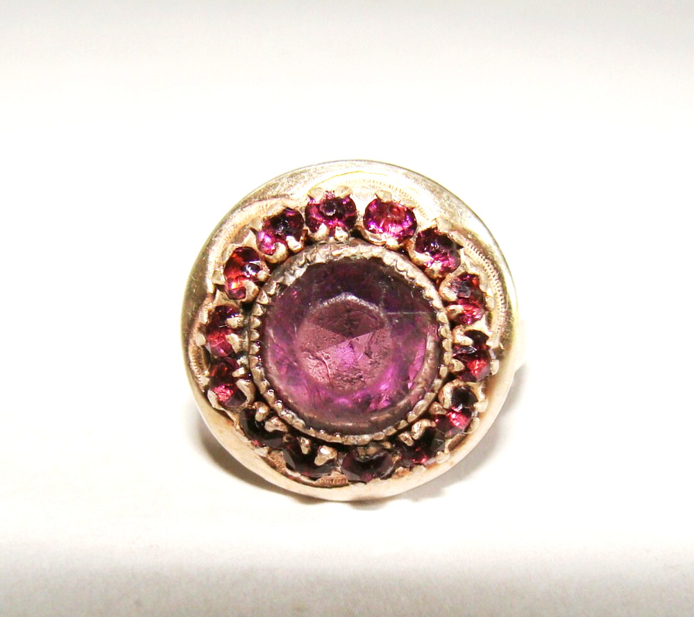 Art Deco Dainty Sterling Silver Adjustable Simulated Amethyst Glass Halo Ring 7