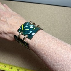 Vintage MCM Bracelet Enamel on Copper 1.75″ Wide 4 Panel Modern Green Artisan