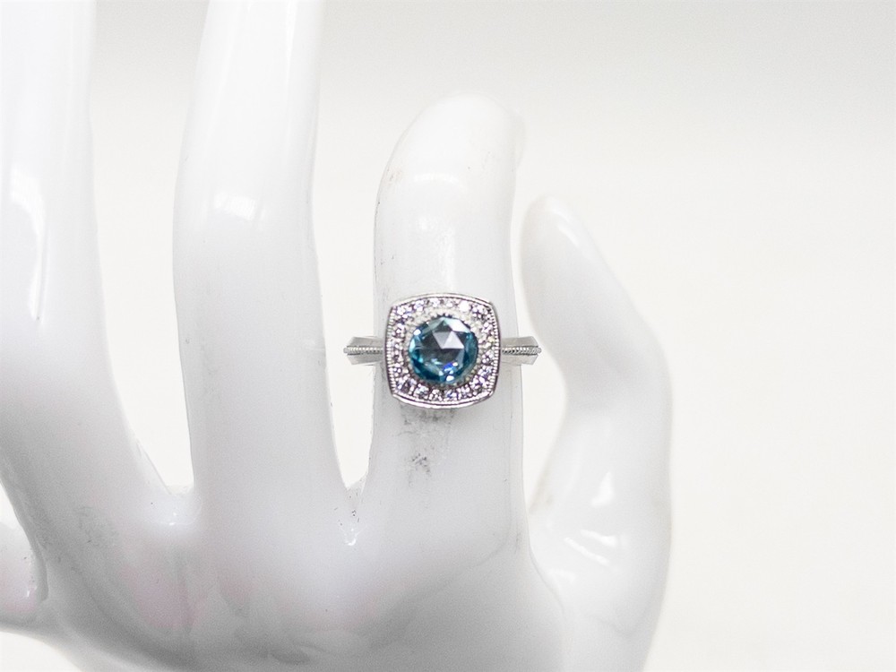 RARE $8000 2ct Natural Rose Cut Blue Zircon VS G Diamond Platinum HALO Ring 8g