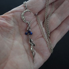 Sterling Silver Crescent Man In The Moon & Female Dancer Figure Necklace