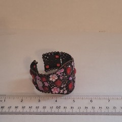 Vintage Style Wide Cuff Bracelet Bronze Tone Red Rhinestones Pink Floral