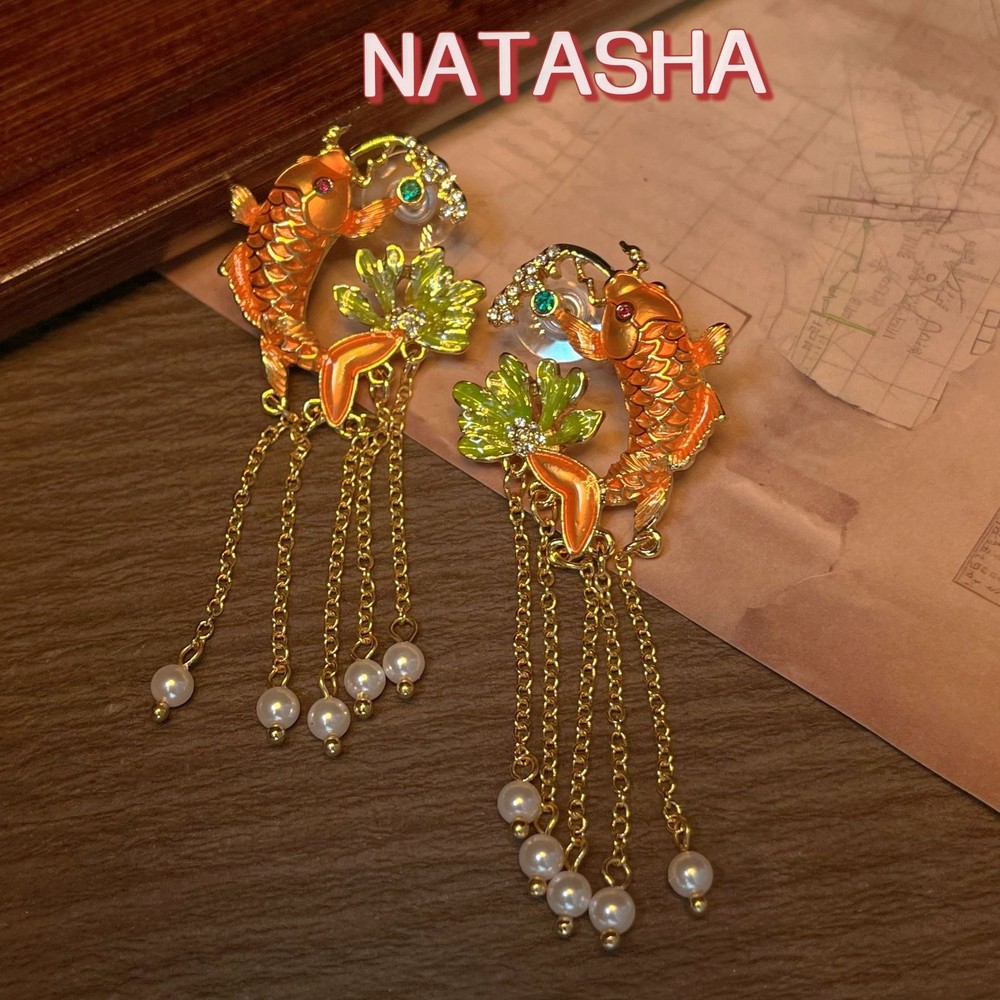New Chinese Retro Koi Pearl Tassel Earrings Creative Long Earrings