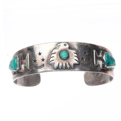 6.5″ c1940 Fred Harvey era sterling silver thunderbird/arrowheads cuff bracelet