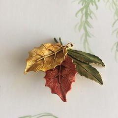 Signed Tona Brooch Pin Yellow Red And Green Leaf Design