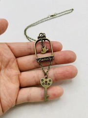 Vintage Bronze Tone Lovebird in Gilded Cage Dove Heart Lock Key 18 in Necklace