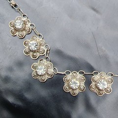 NO CLASP Sterling Silver 925 Filigree Flower Crystal Choker Collar Necklace 15IN