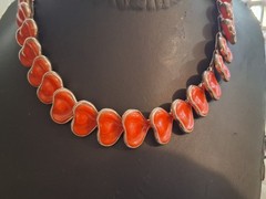 Vintage red celluloid stylized leaf abstract necklace, 16″, articulated