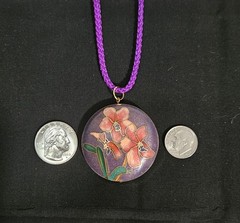 Vtg Large Iris Flowers on Purple Enamel Cloissone Pendant/Cord Necklace 26 in
