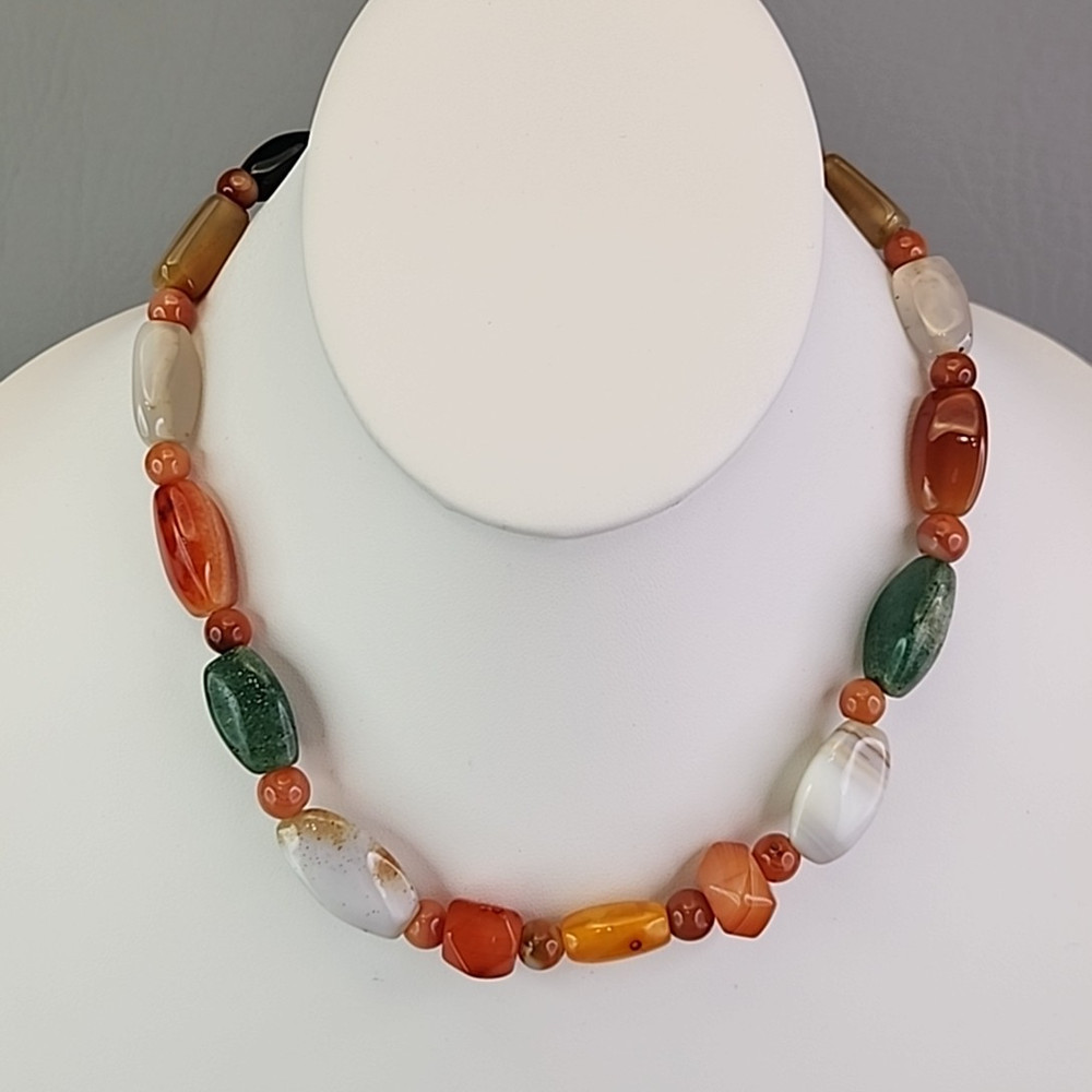 Vintage Beggars Beads Stone Necklace Nuggets Multicolor Agate Quartz 16″