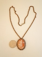 Vintage antique carved shell cameo pendant necklace gold filled harp goddess