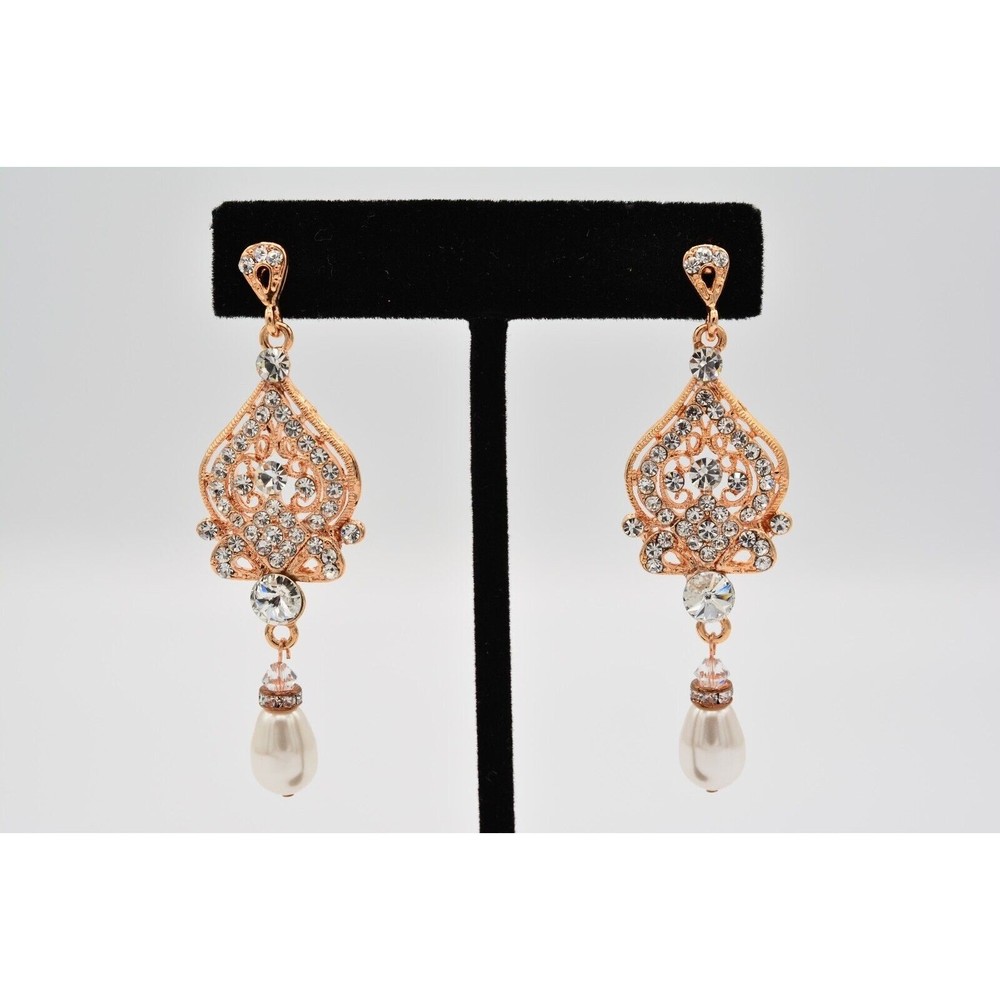 Crystal Dangle Earrings Rose Gold Rhinestone White Pearl Sparkling BinAK