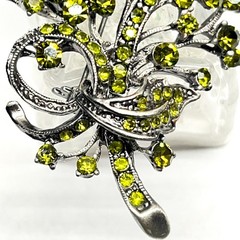 VTG Floral Spray Bow Pin Brooch Sparkling AB Peridot Green Crystal Rhinestones