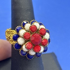 Vintage Red White Blue Rhinestone Stretch Ring Patriotic Flower Dome Gold Tone